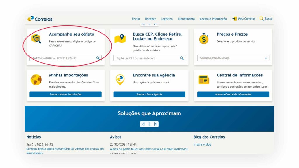 Tela inicial dos Correios